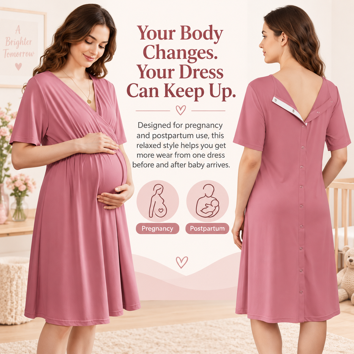 New V-neck Solid Color Maternity Nursing Short Sleeve Loose Breathable Dress