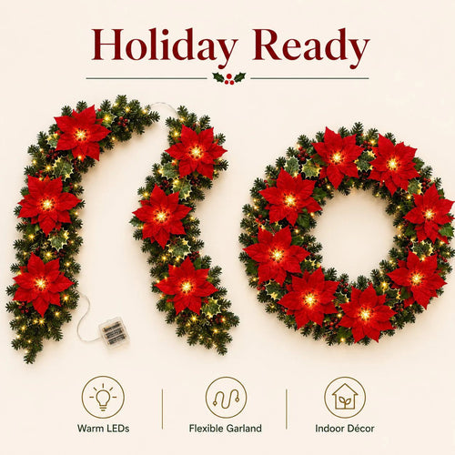 🎄Christmas Gift Decor – Poinsettia LED Garland String Lights✨