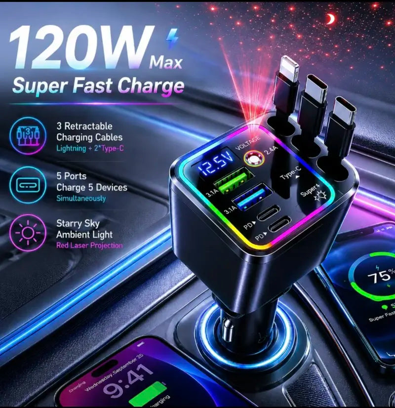 7-in-1 Retractable 120W Car Charger with Starry Sky Ambient LightAutomobiles