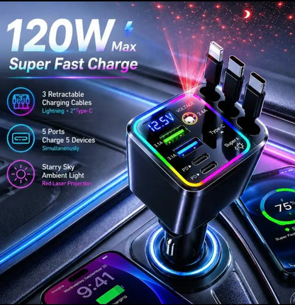 7-in-1 Retractable 120W Car Charger with Starry Sky Ambient LightAutomobiles