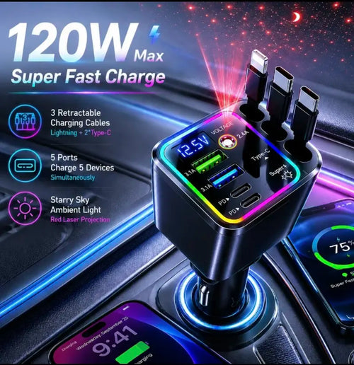 7-in-1 Retractable 120W Car Charger with Starry Sky Ambient LightAutomobiles