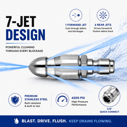 🔥6500 PSI Stainless Steel Sewer Jetter Nozzle – 1/4" Quick Connect Drain Cleaning Attachment for Pressure Washers