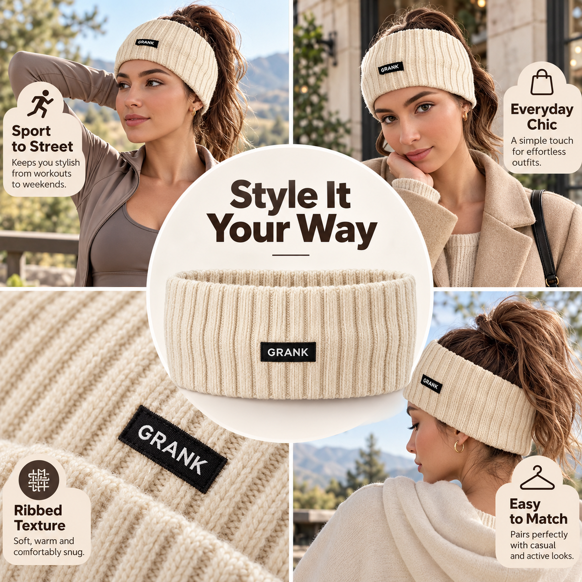 ☁️Women's Soft Knit Fringe Headband Accessory - Knotted Zig Zag Grip, Sweat-Lock Hold