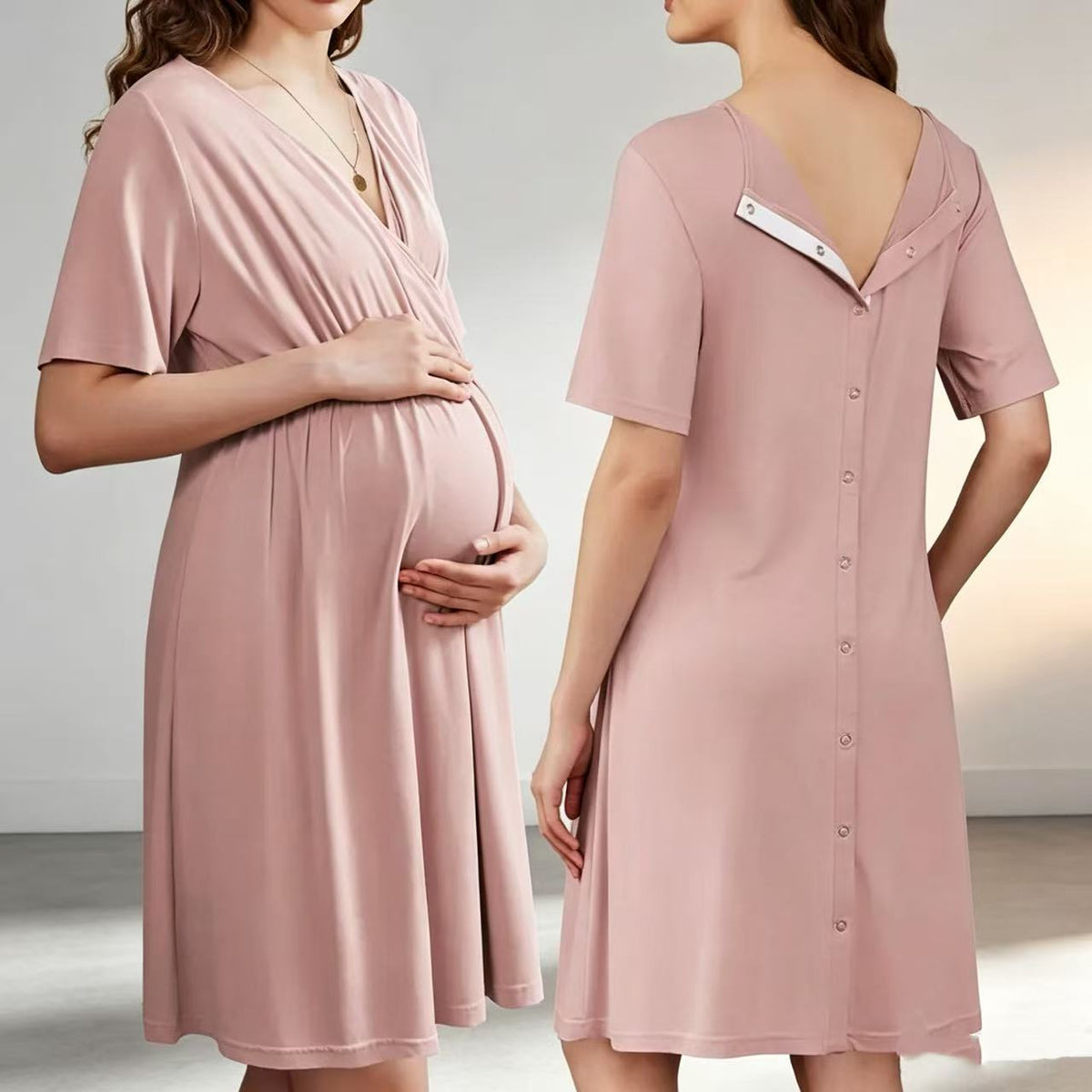 New V-neck Solid Color Maternity Nursing Short Sleeve Loose Breathable Dress