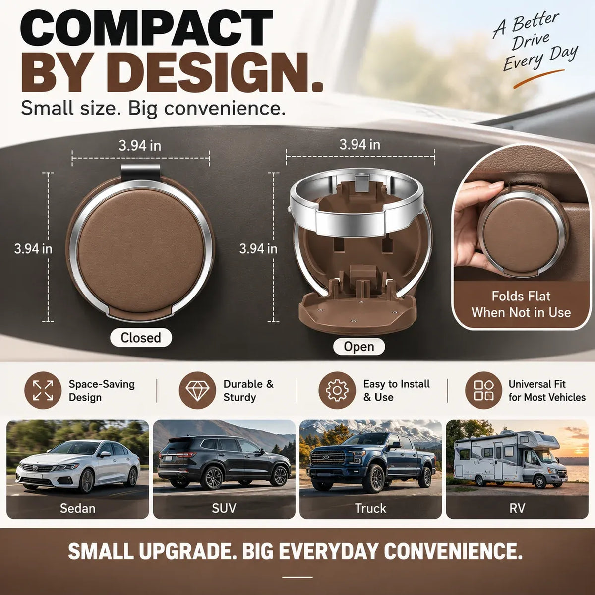 Compact foldable car cup holder for sedan SUV truck and RV