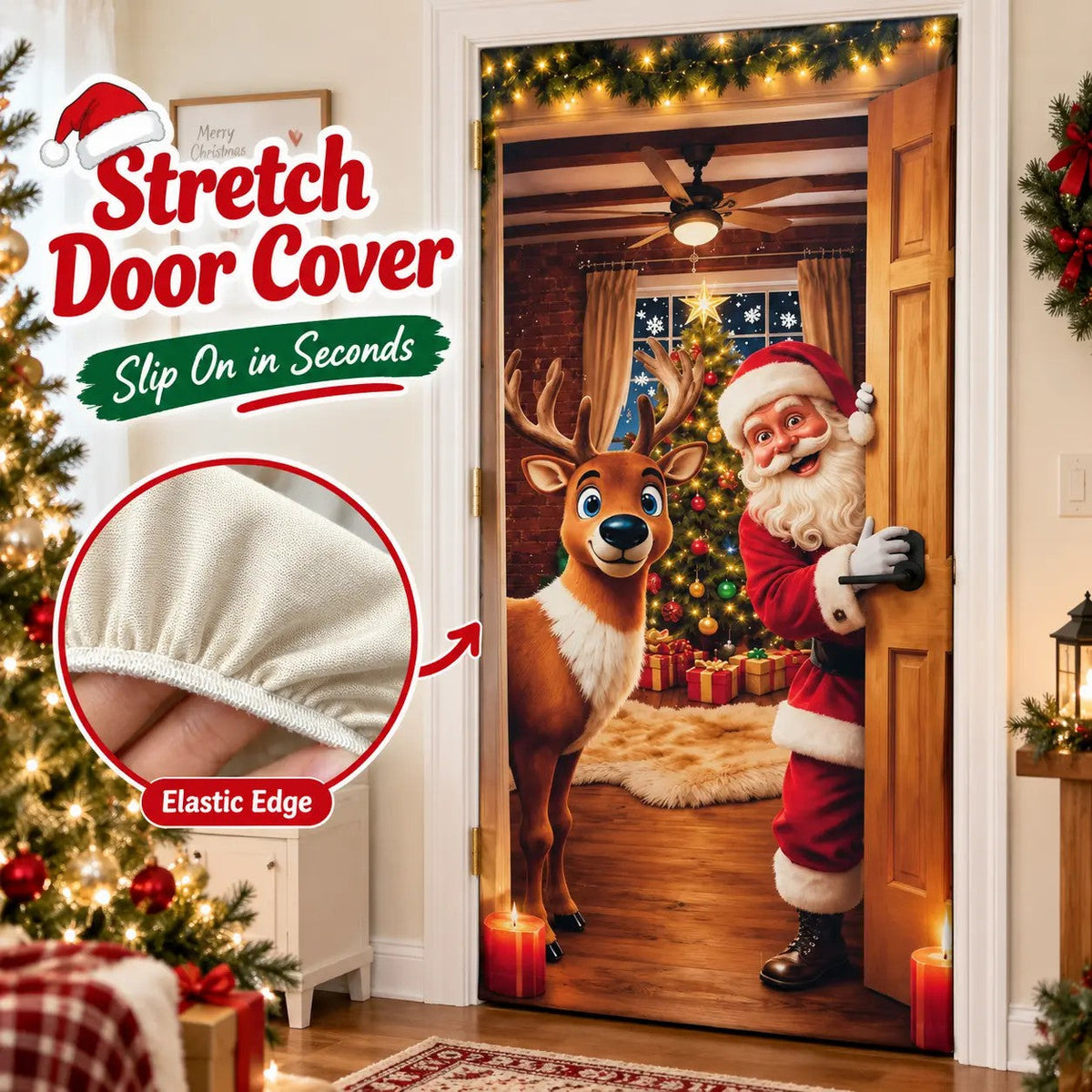 Stretch fit Christmas door cover featuring Santa and reindeer