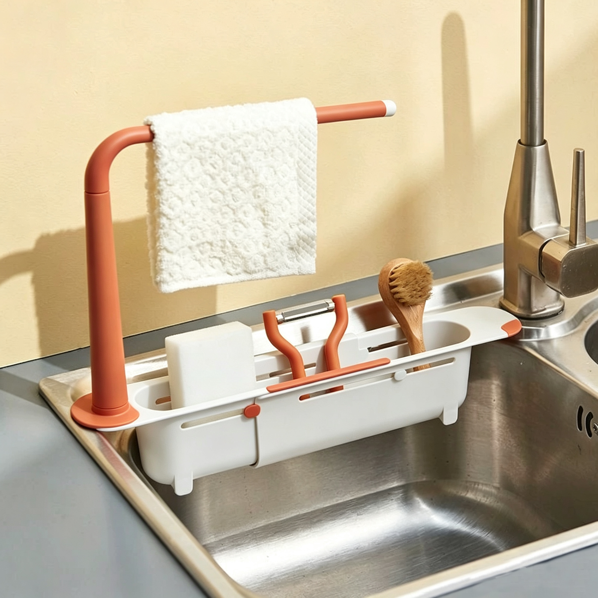🧻Extendable kitchen storage rack - with clothes rod and perforated drain side panel