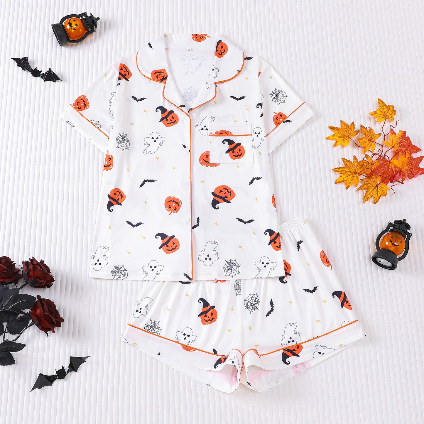 🎃👔Women's Halloween Printed Collar Short-Sleeved Shorts Pajama Set