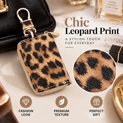 🐆Leopard-Print Ultra-Soft PU Leather Universal Car Key Pouch – Zippered Organizer with Transparent Window