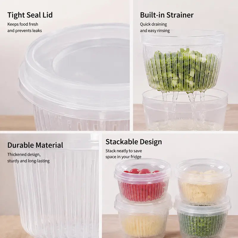 🥬5-Pack Multifunctional Food Storage Containers – With Drain Colander and Airtight Lid
