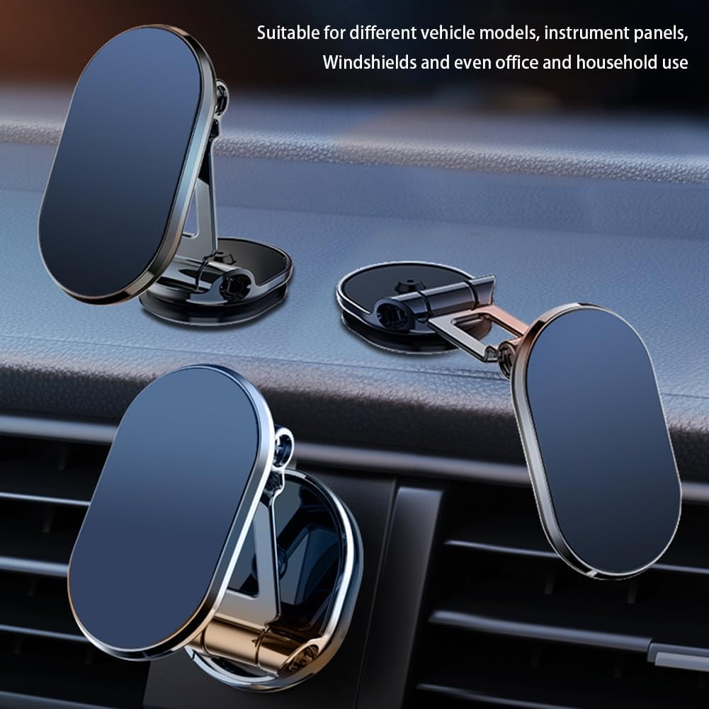 Foldable phone holder shown in several vehicle mounting positions