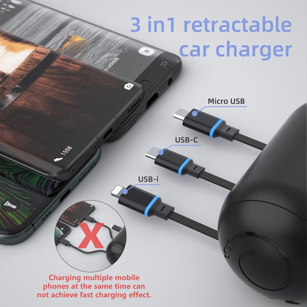 Car Charger 1-to-3 Retractable Cable Box