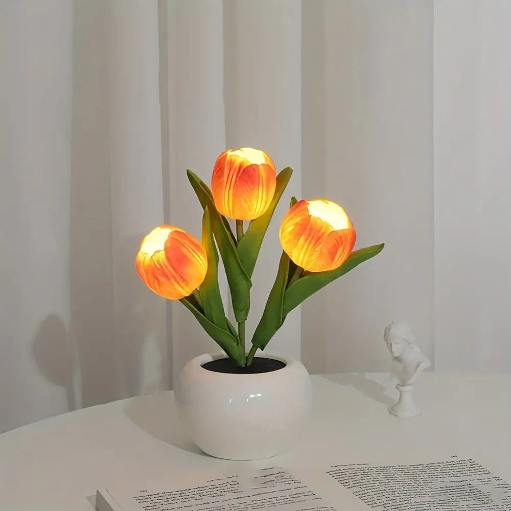 🌷LED Dimmable Plastic Tulip Artificial Flower Desk Lamp with Vase