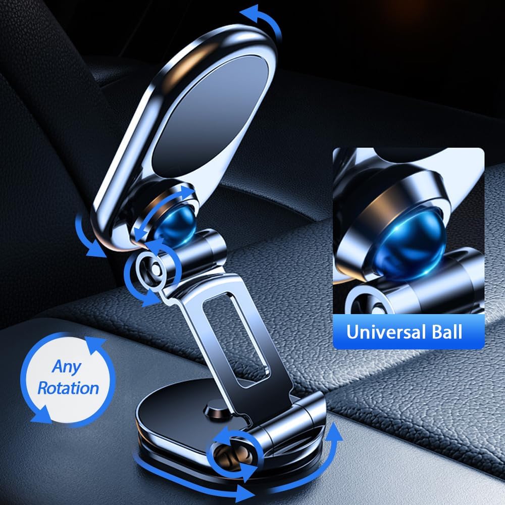 Magnetic car phone mount with rotating base and adjustable ball joint