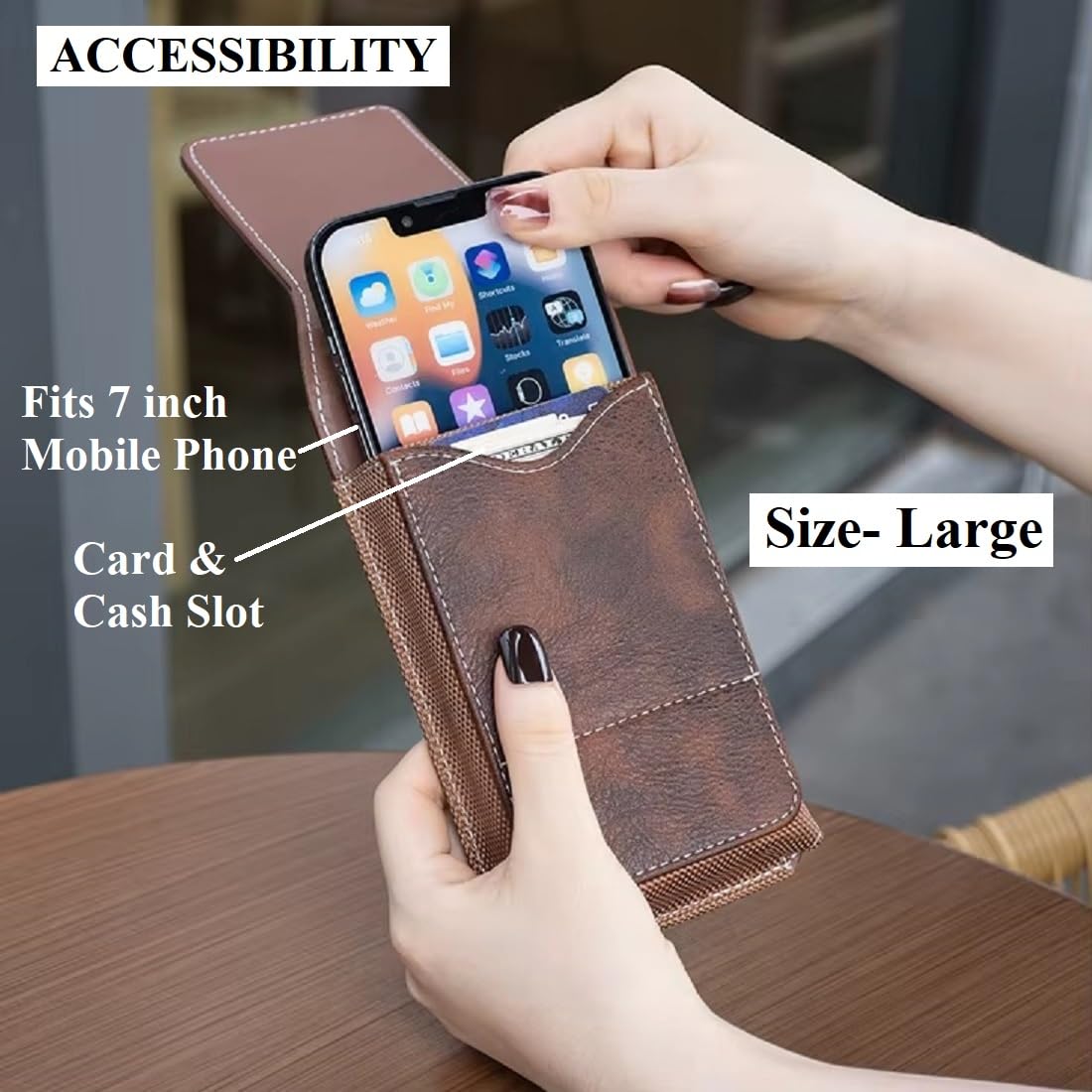 Large phone pouch shown holding a seven inch mobile phone with card and cash slot