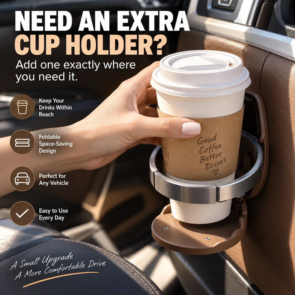 Extra foldable car cup holder holding a coffee cup