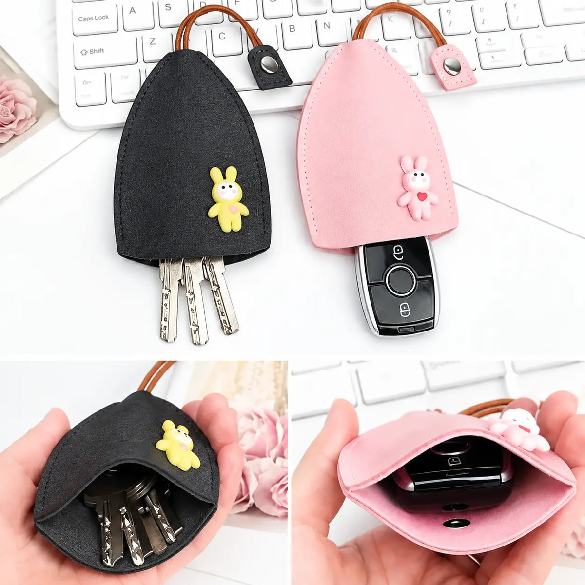 Key case holding standard metal keys and a car key fob