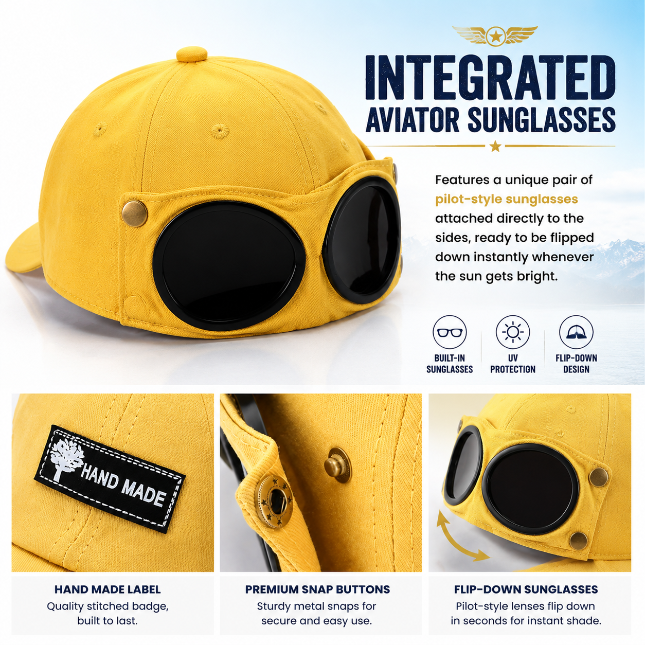 🕶️Vintage Pilot-Style Baseball Cap with Built-In Sunglasses