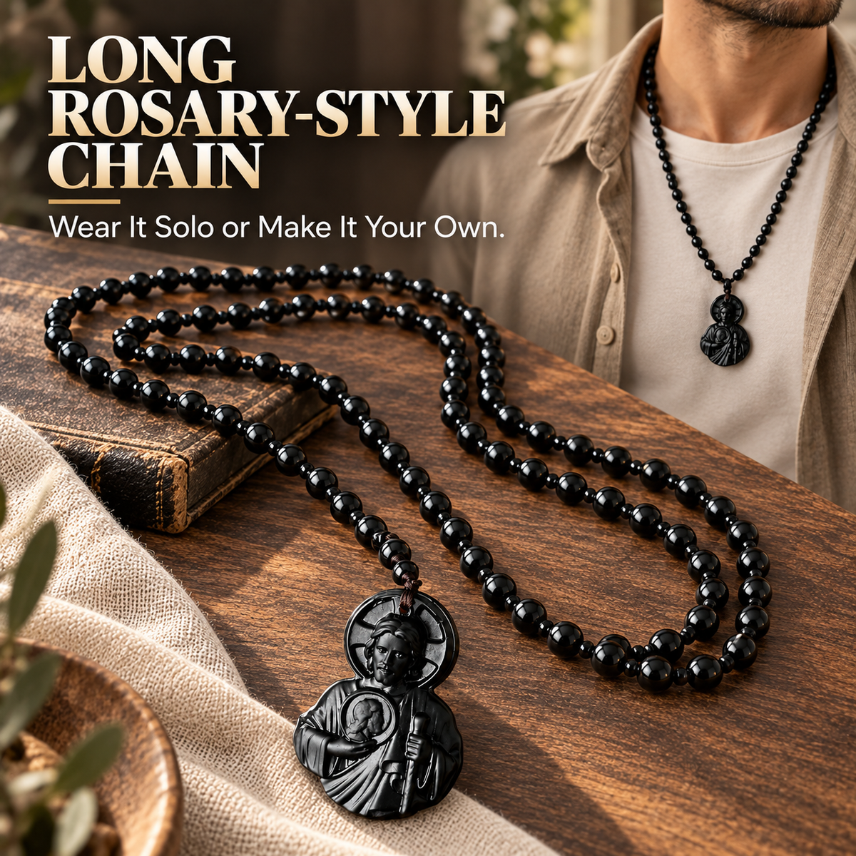 Natural Obsidian Jesus Sacred Heart Pendant Necklace