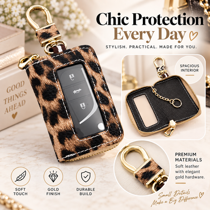 🐆Leopard-Print Ultra-Soft PU Leather Universal Car Key Pouch – Zippered Organizer with Transparent Window