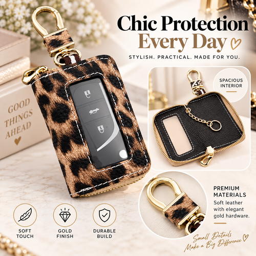 🐆Leopard-Print Ultra-Soft PU Leather Universal Car Key Pouch – Zippered Organizer with Transparent Window