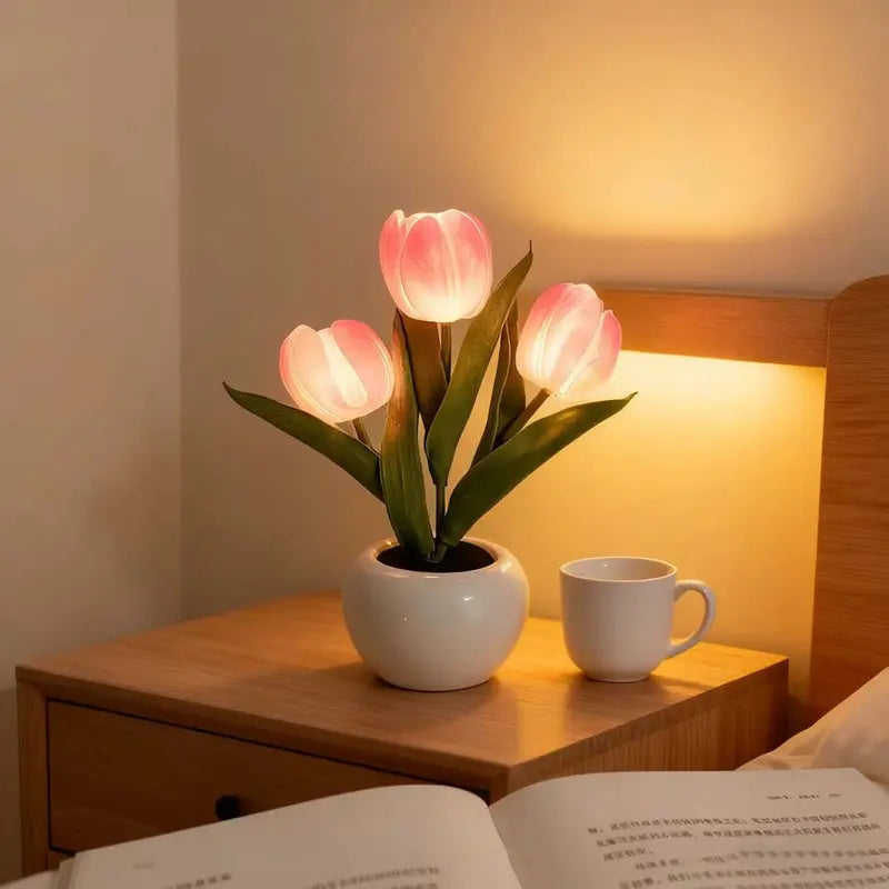 🌷LED Dimmable Plastic Tulip Artificial Flower Desk Lamp with Vase