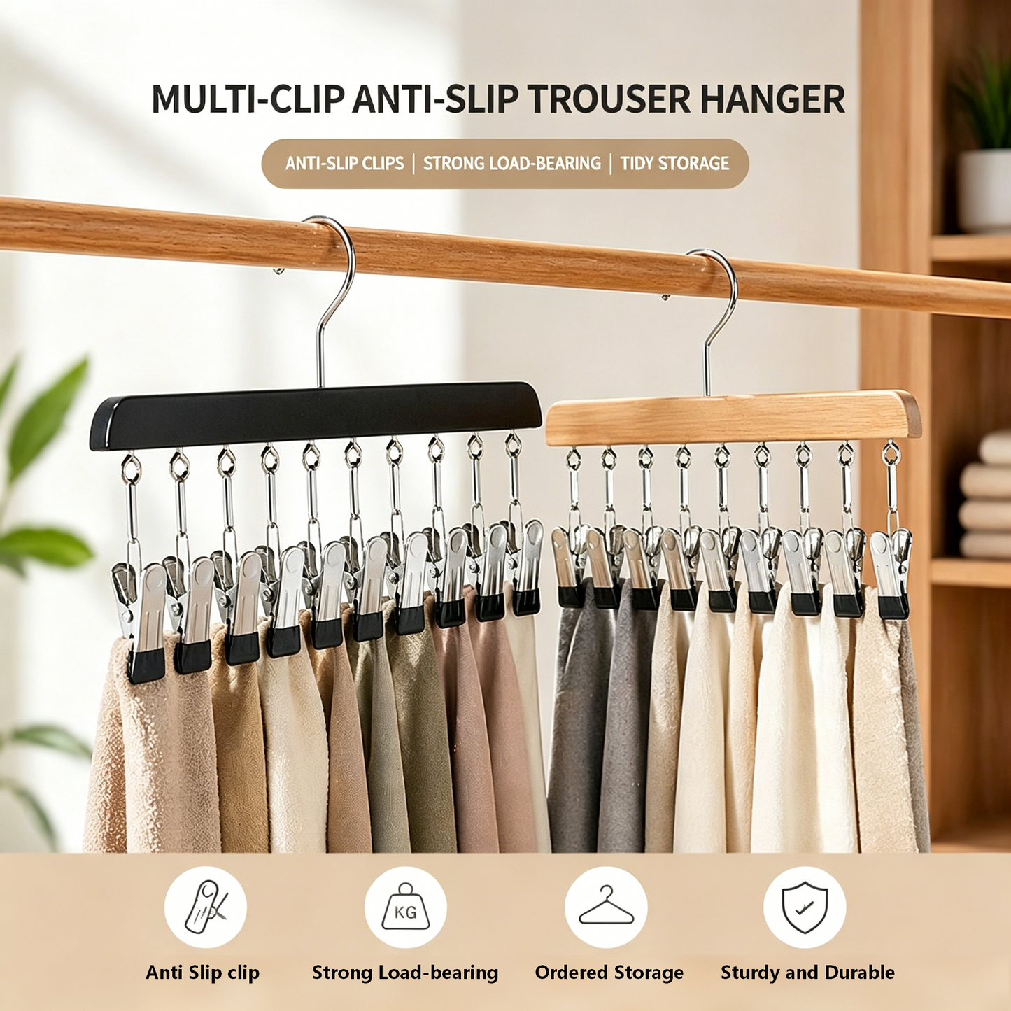 🧢📐 Wooden Clothes Drying Rack with 12 Stainless Steel Clips