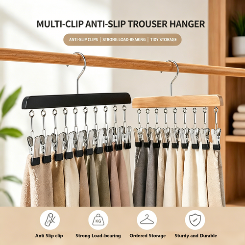🧢📐 Wooden Clothes Drying Rack with 12 Stainless Steel Clips