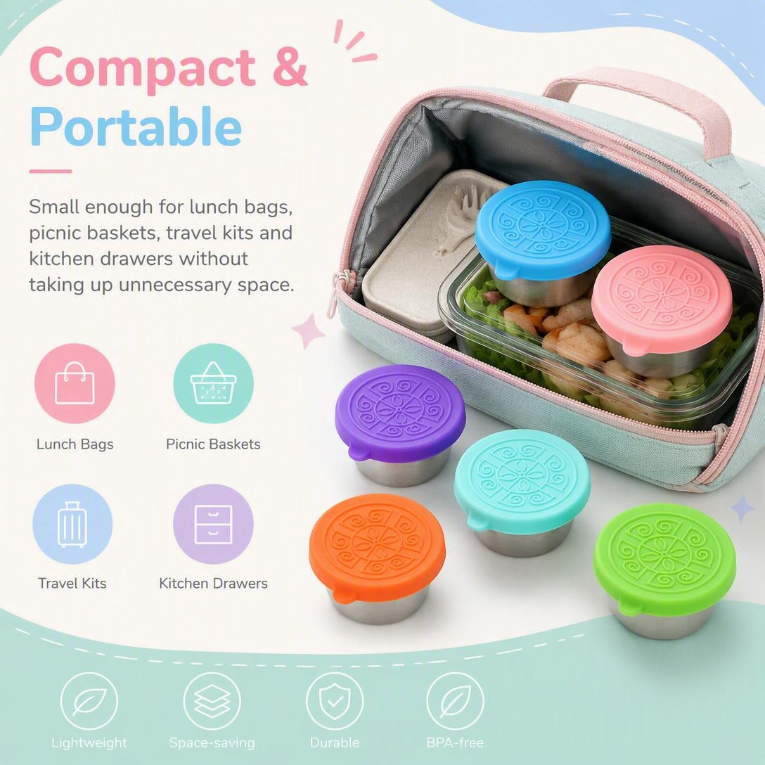 Stainless steel salad dressing takeaway container with Leakproof Silicone Lids（6Pcs）