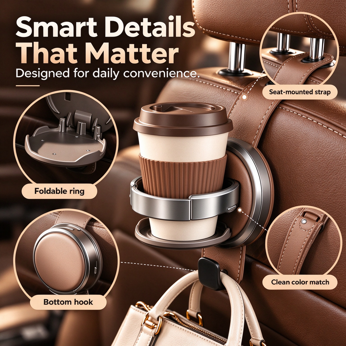 Foldable Car Seat Cup Holder with Hook
