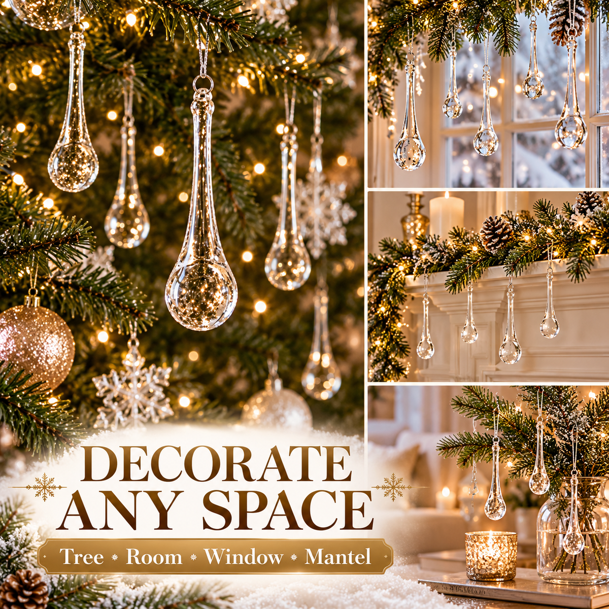 Clear Crystal Snowflake & Icicle Christmas Ornaments