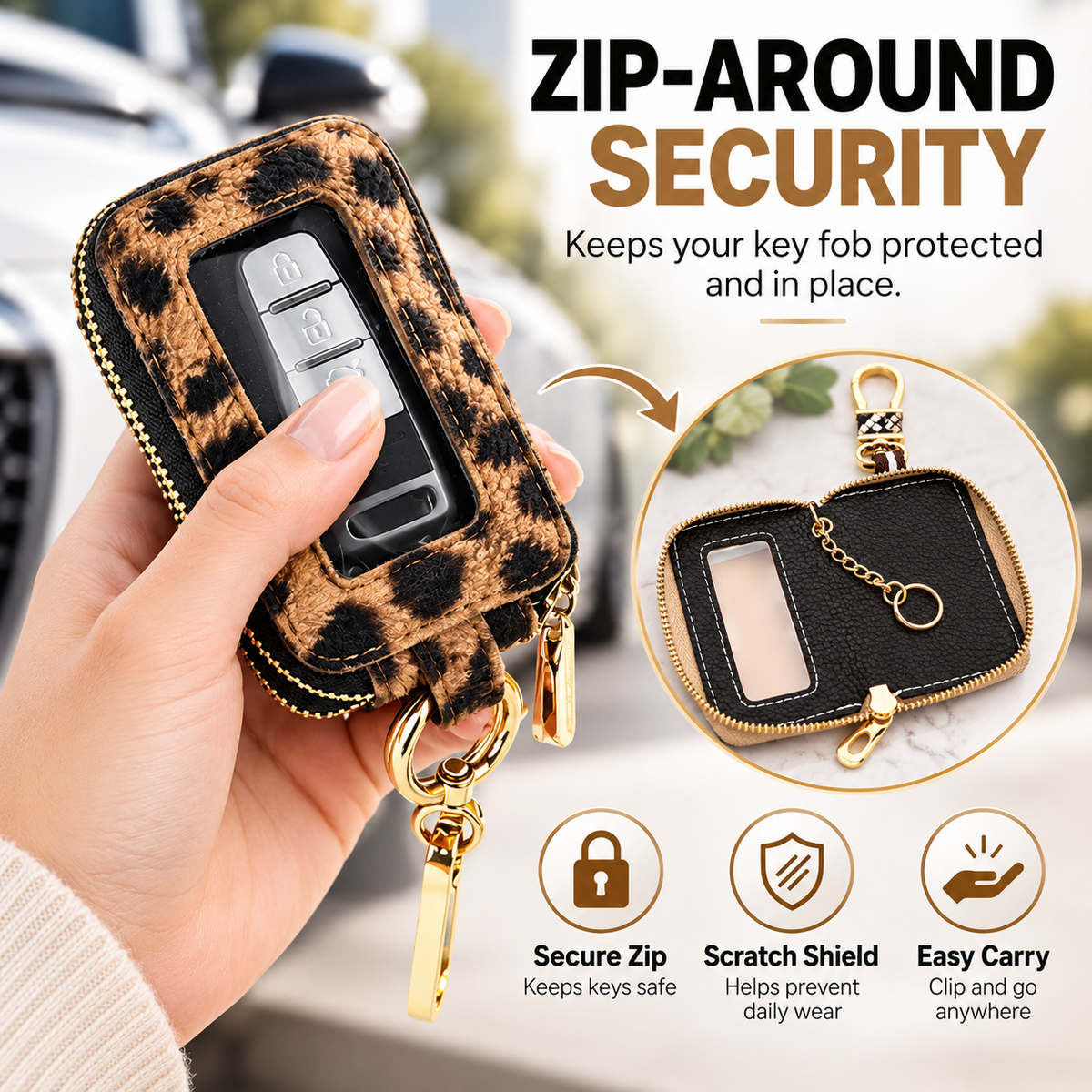 🐆Leopard-Print Ultra-Soft PU Leather Universal Car Key Pouch – Zippered Organizer with Transparent Window