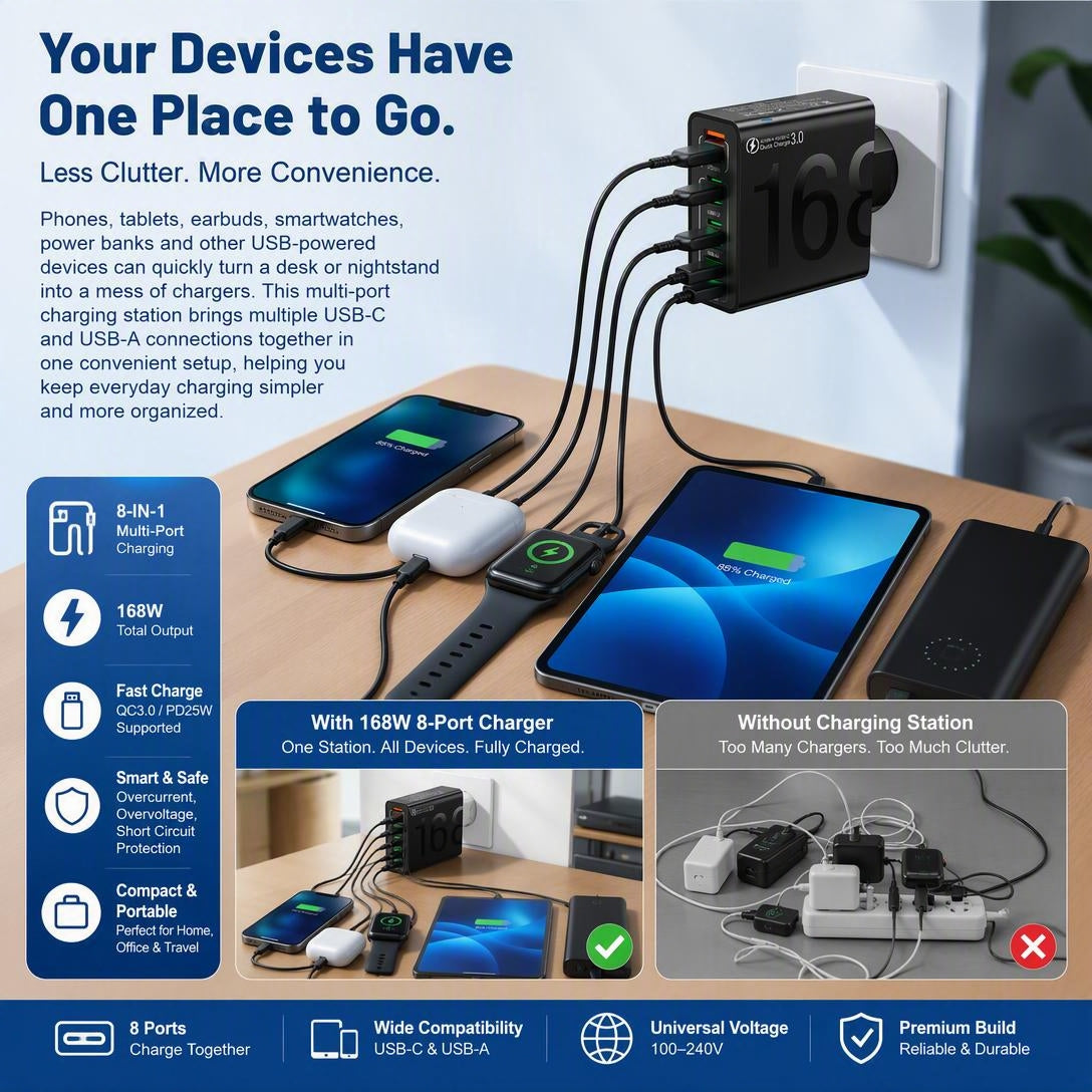 Portable Smart 8-Port Charger, Suitable For A Variety Of Devices