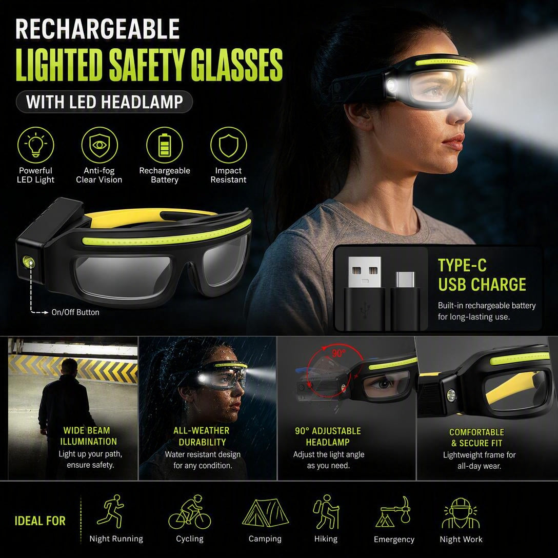 Rechargeable Lighted Safety Glasses with LED Headlamp