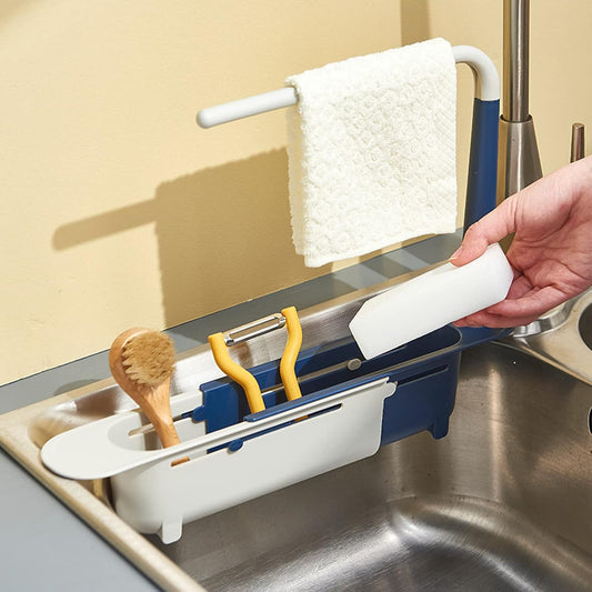 🧻Extendable kitchen storage rack - with clothes rod and perforated drain side panel
