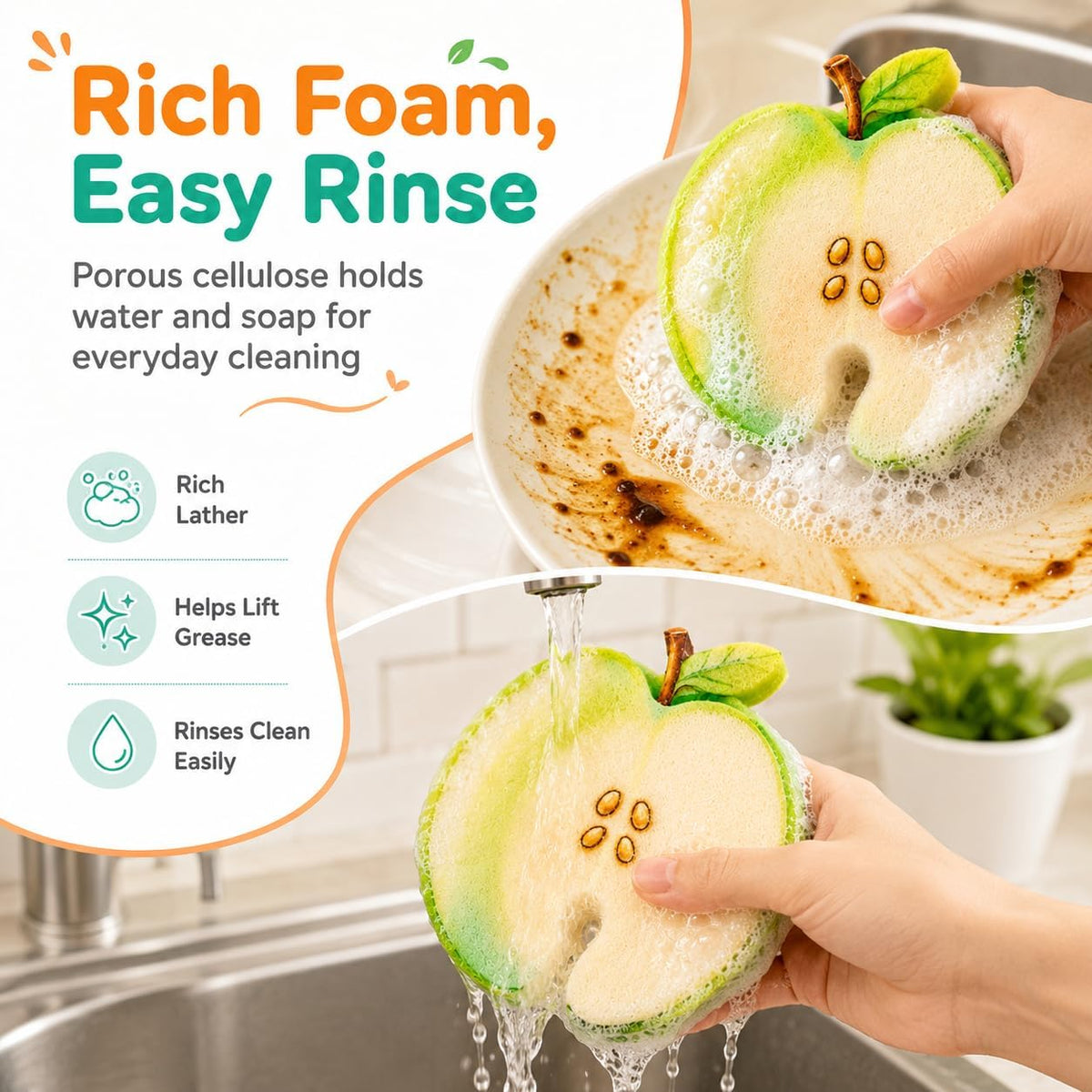 🍊🧼3 Pcs Cute fruit-shaped dishwashing sponge - suitable for cleaning kitchen tableware