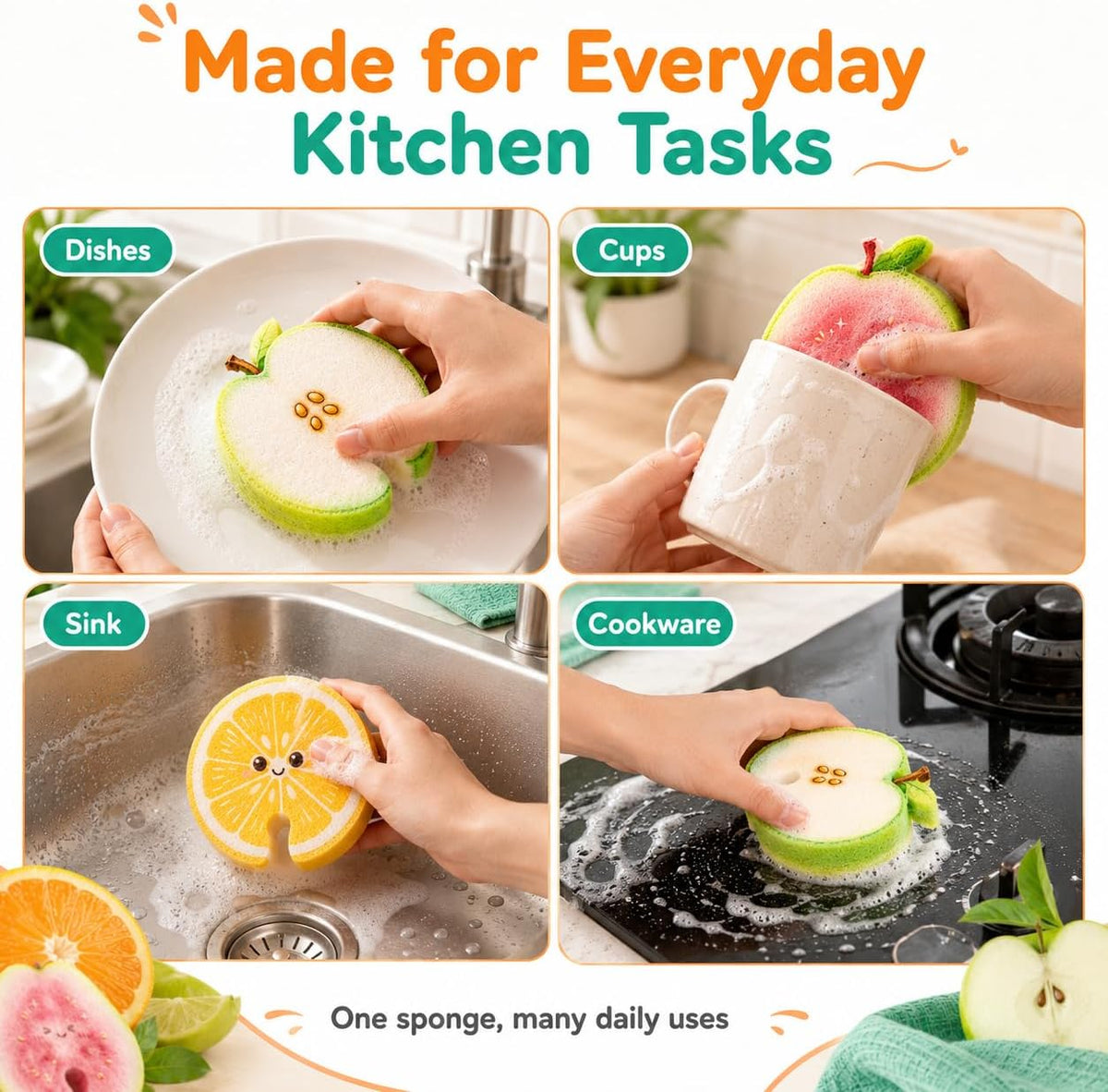 🍊🧼3 Pcs Cute fruit-shaped dishwashing sponge - suitable for cleaning kitchen tableware