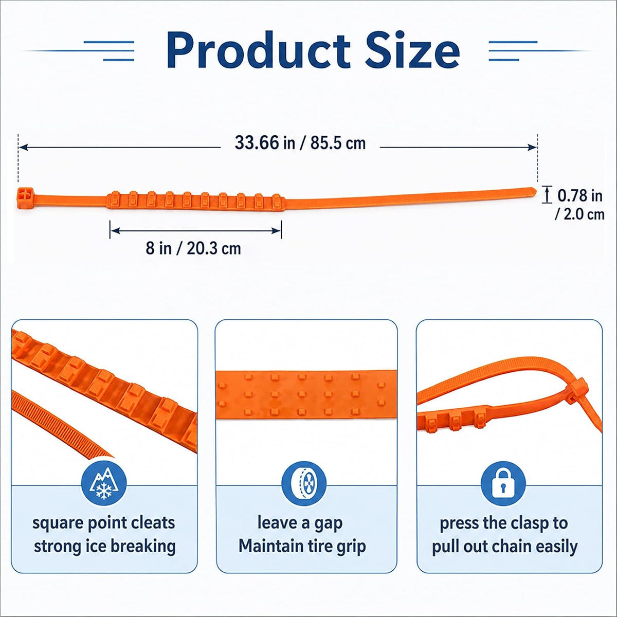 Tire traction strap dimensions showing 33.66 inch overall length and 8 inch grip section