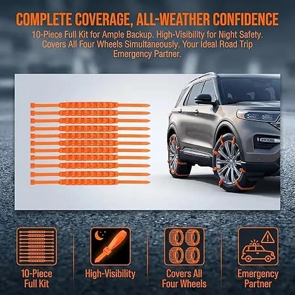 Ten-piece orange tire traction strap set for emergency winter driving