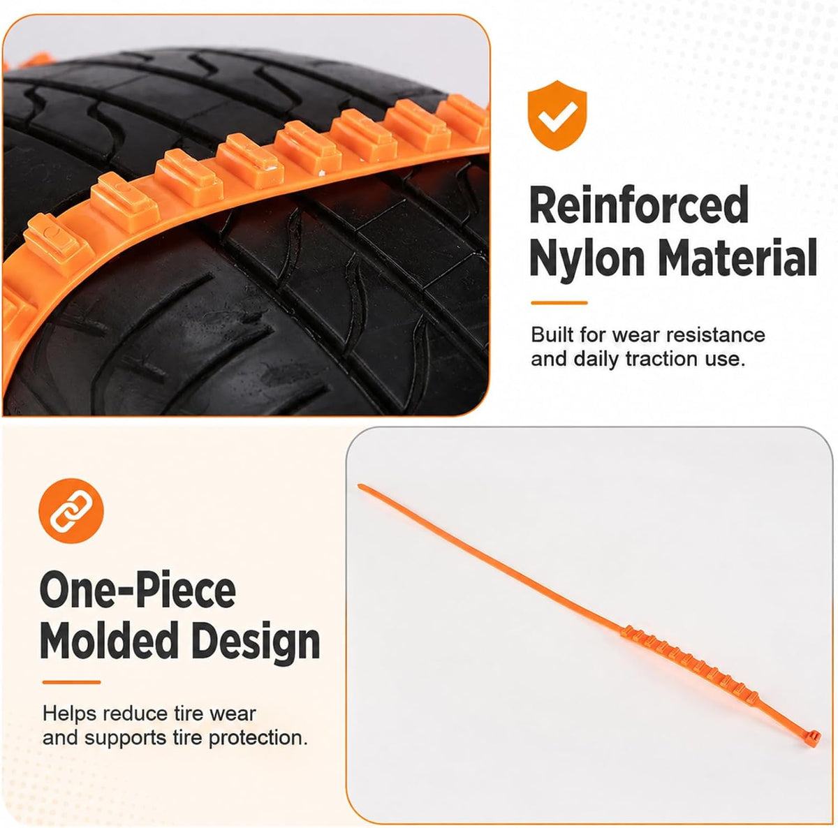 Reinforced nylon one-piece molded tire traction strap