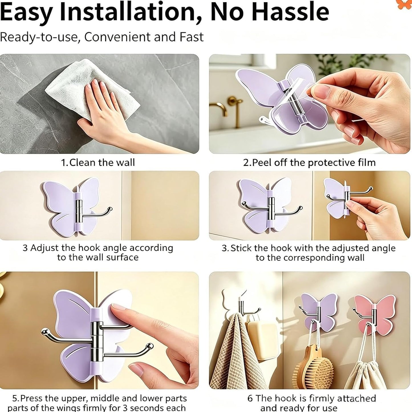 🦋4 pieces of high-quality appearance butterfly hooks, firmly grasped, no need for drilling