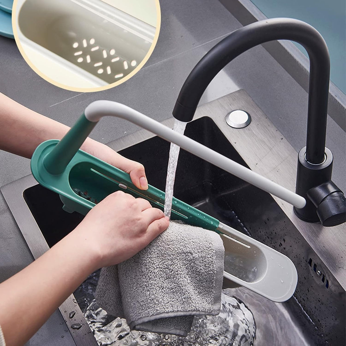 🧻Extendable kitchen storage rack - with clothes rod and perforated drain side panel