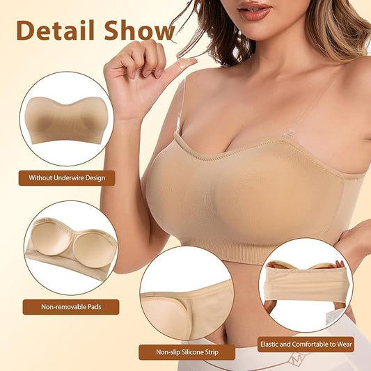 👗Strapless, non-slip, seamless silicone push-up bandeau with invisible straps