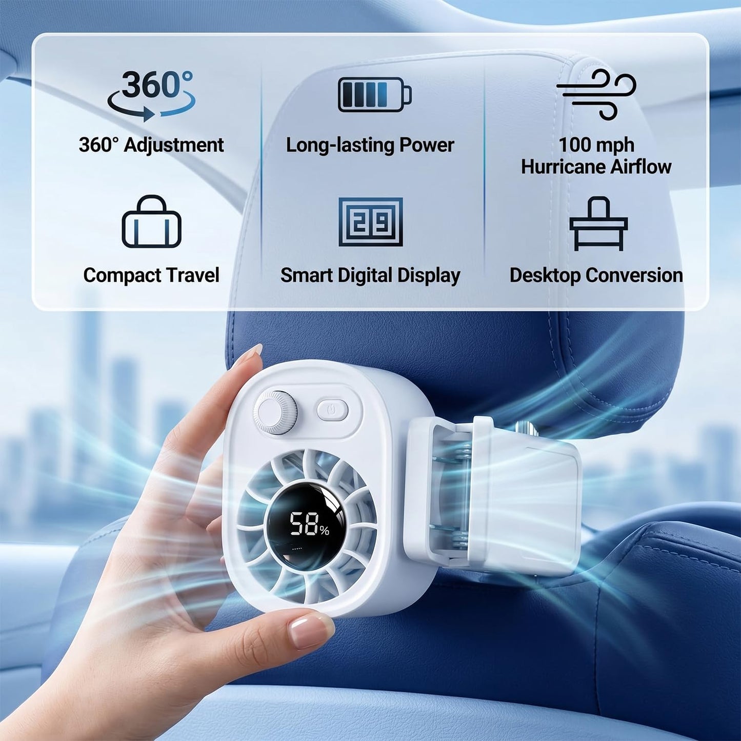 ❄️ Semiconductor Cooling Car Clip On Fan - 360° Rotation, 100 Speeds Adjustable