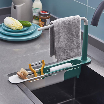🧻Extendable kitchen storage rack - with clothes rod and perforated drain side panel