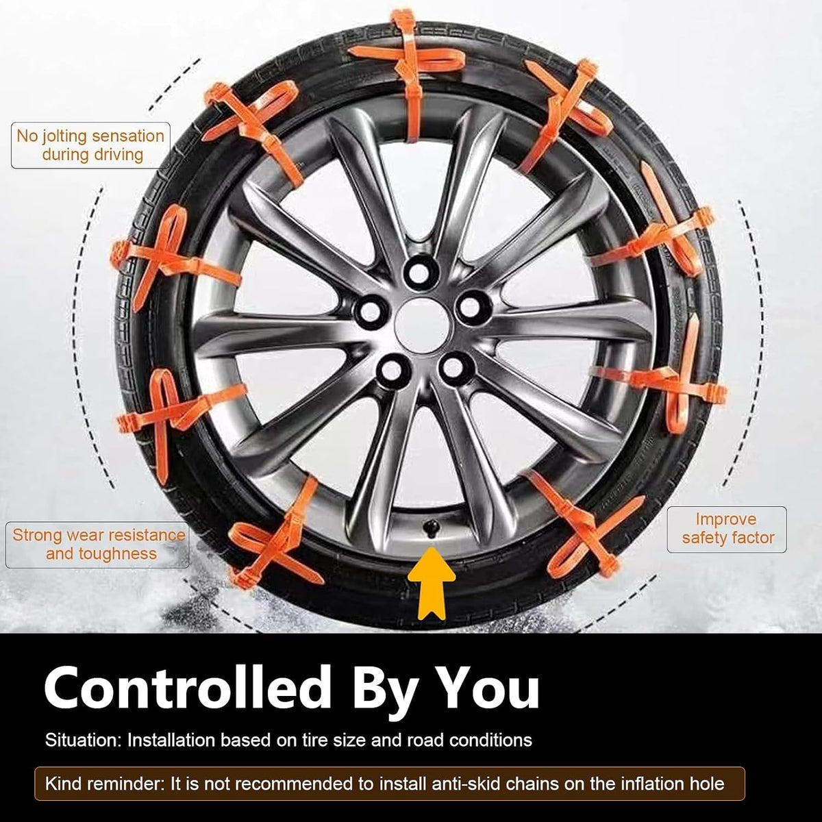 Adjustable placement of orange tire traction straps around an open spoke wheel