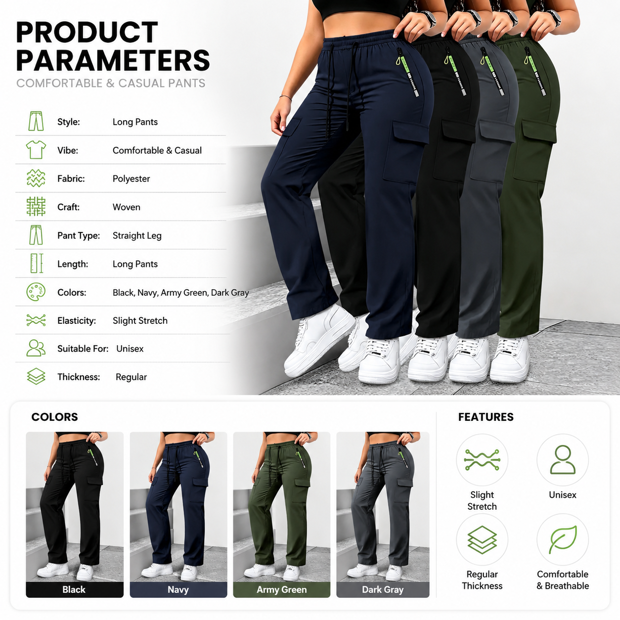 Multi-Pocket Design Slim Straight Leg Casual Trousers