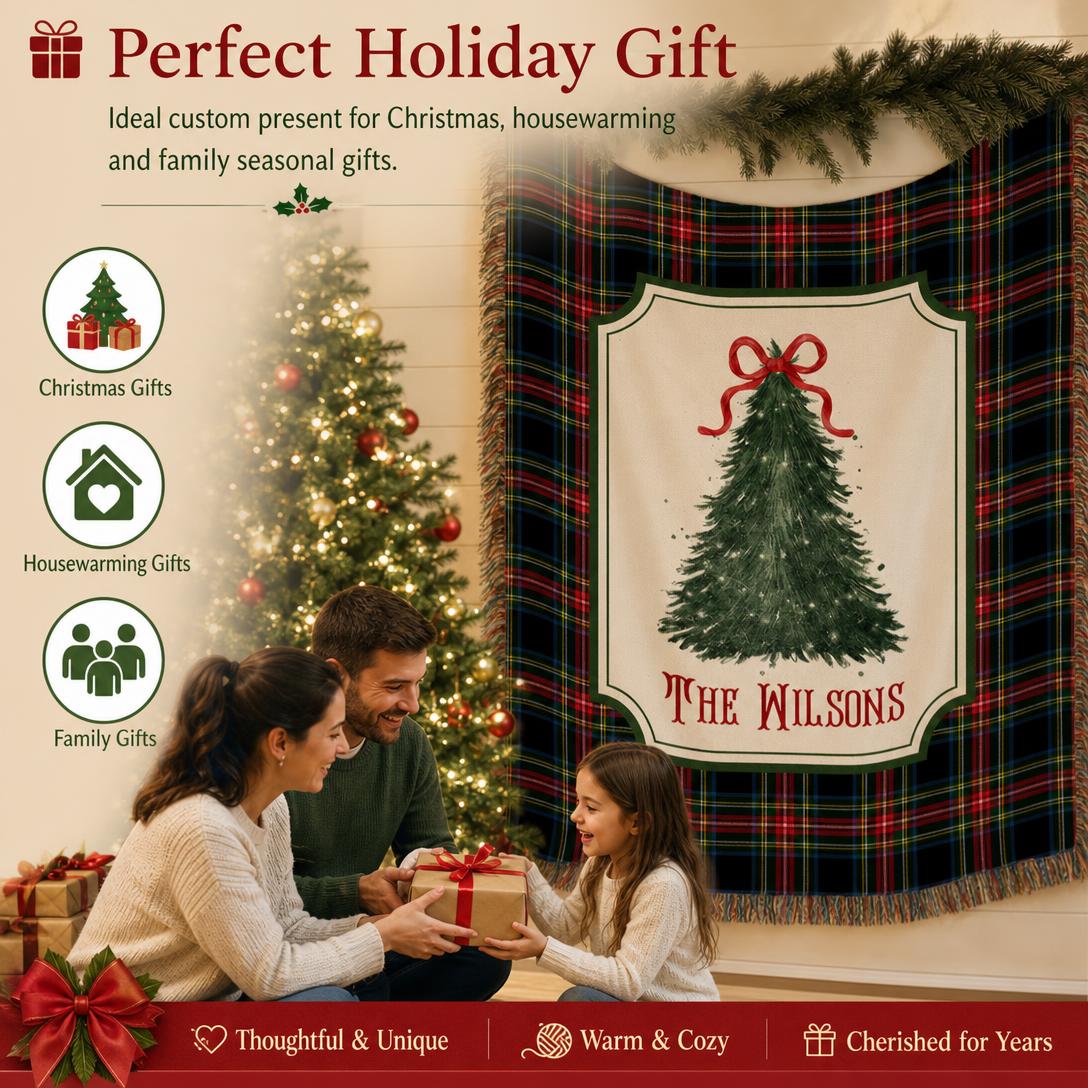 🎄Personalized checkered Christmas tree pattern woven blanket