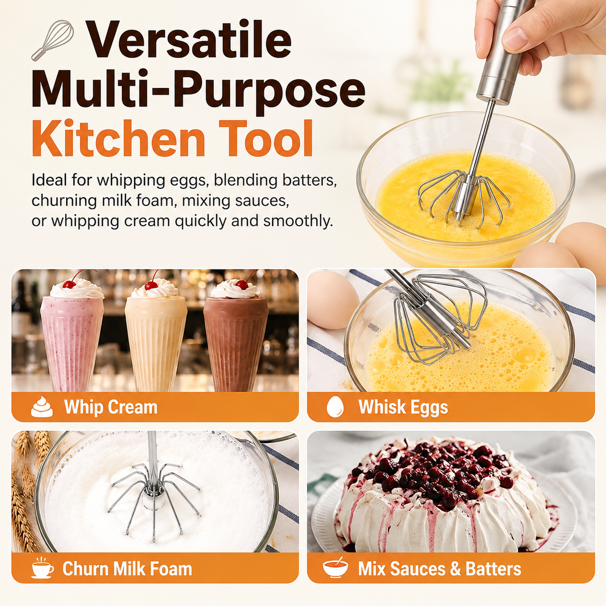 ⚙️Stainless steel semi-automatic rotary whisks - suitable for whipping coffee and eggs