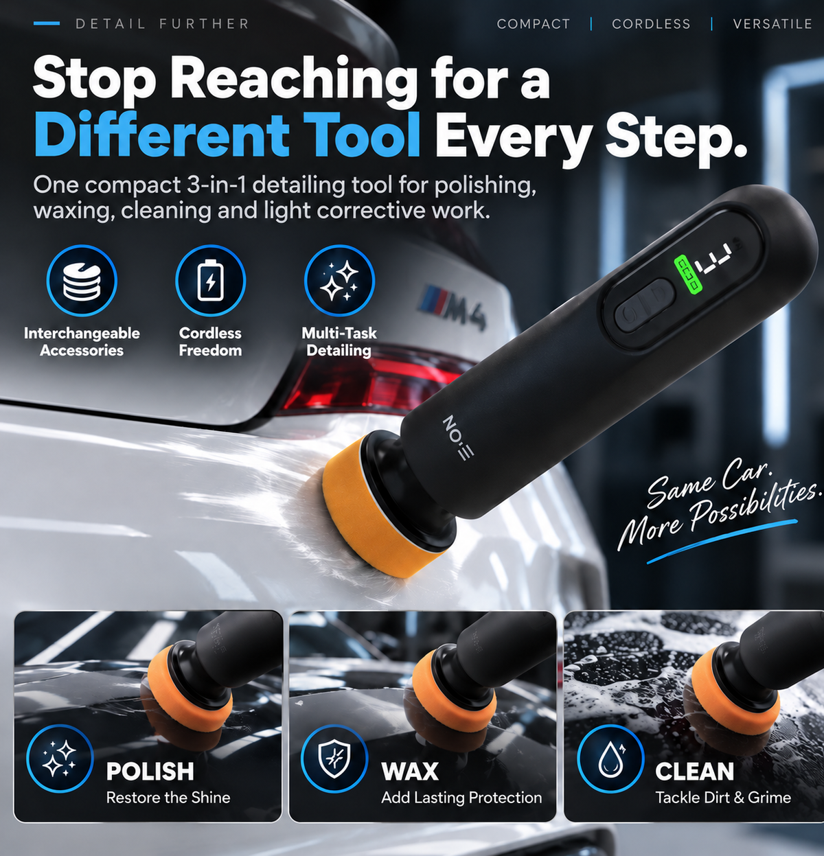 Cordless Car Polish Machine, 12000RPM 3-in-1 Car Detailing Tool